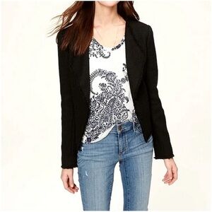 Ann Taylor LOFT Tweed Soft Fringe Detail Trim Black Blazer Jacket size 2P